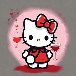 A visual of Hello Kitty with a mischievous and evil expression, holding a glass of alcohol