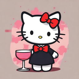 A visual of Hello Kitty with a mischievous and evil expression, holding a glass of alcohol