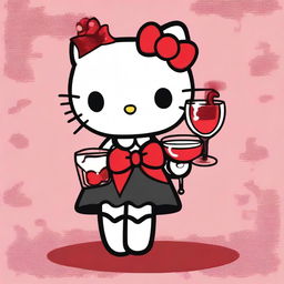 A visual of Hello Kitty with a mischievous and evil expression, holding a glass of alcohol