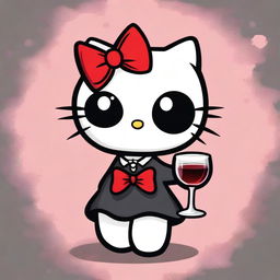 A visual of Hello Kitty with a mischievous and evil expression, holding a glass of alcohol