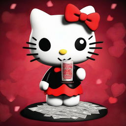 A 3D visual of Hello Kitty with a mischievous and evil expression, holding a glass of alcohol and a stack of money