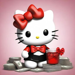 A 3D visual of Hello Kitty with a mischievous and evil expression, holding a glass of alcohol and a stack of money