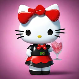 A 3D visual of Hello Kitty with a mischievous and evil expression, holding a glass of alcohol and a stack of money