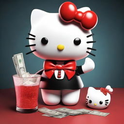 A 3D visual of Hello Kitty with a mischievous and evil expression, holding a glass of alcohol and a stack of money