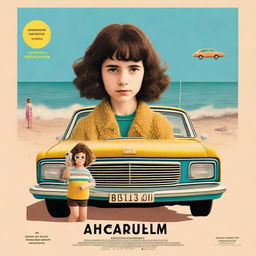 Movie poster in the style of Wes Anderson featuring a 10-year-old girl with short, dark, curly hair in a mullet cut, now with more curls