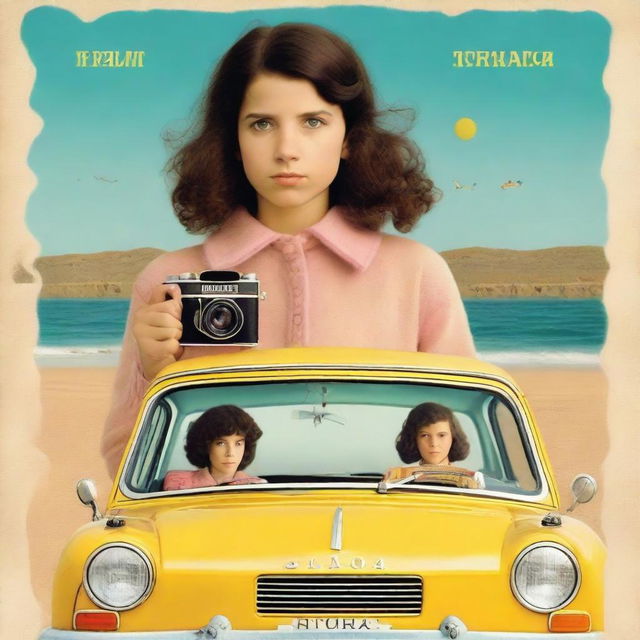 Movie poster in the style of Wes Anderson featuring a 10-year-old girl with more pronounced dark, curly hair in a mullet cut