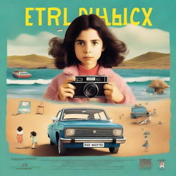 Movie poster in the style of Wes Anderson featuring a 10-year-old girl with more pronounced dark, curly hair in a mullet cut