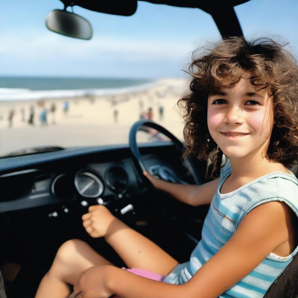 A realistic photograph featuring a 10-year-old girl with short, dark, curly hair in a mullet cut, holding a camera