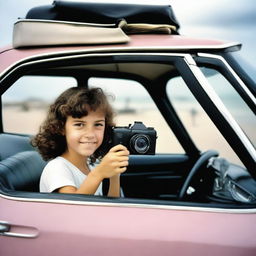 A realistic photograph featuring a 10-year-old girl with short, dark, curly hair in a mullet cut, holding a camera