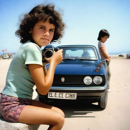 A realistic photograph featuring a 10-year-old girl with short, dark, curly hair in a mullet cut, holding a camera