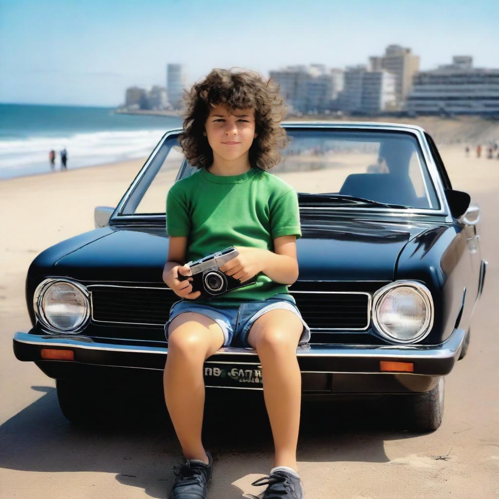 A realistic photograph featuring a 10-year-old girl with short, dark, curly hair in a mullet cut, holding a camera