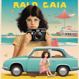 A movie poster in the style of Wes Anderson, featuring a 10-year-old girl with short, dark, curly hair in a mullet cut