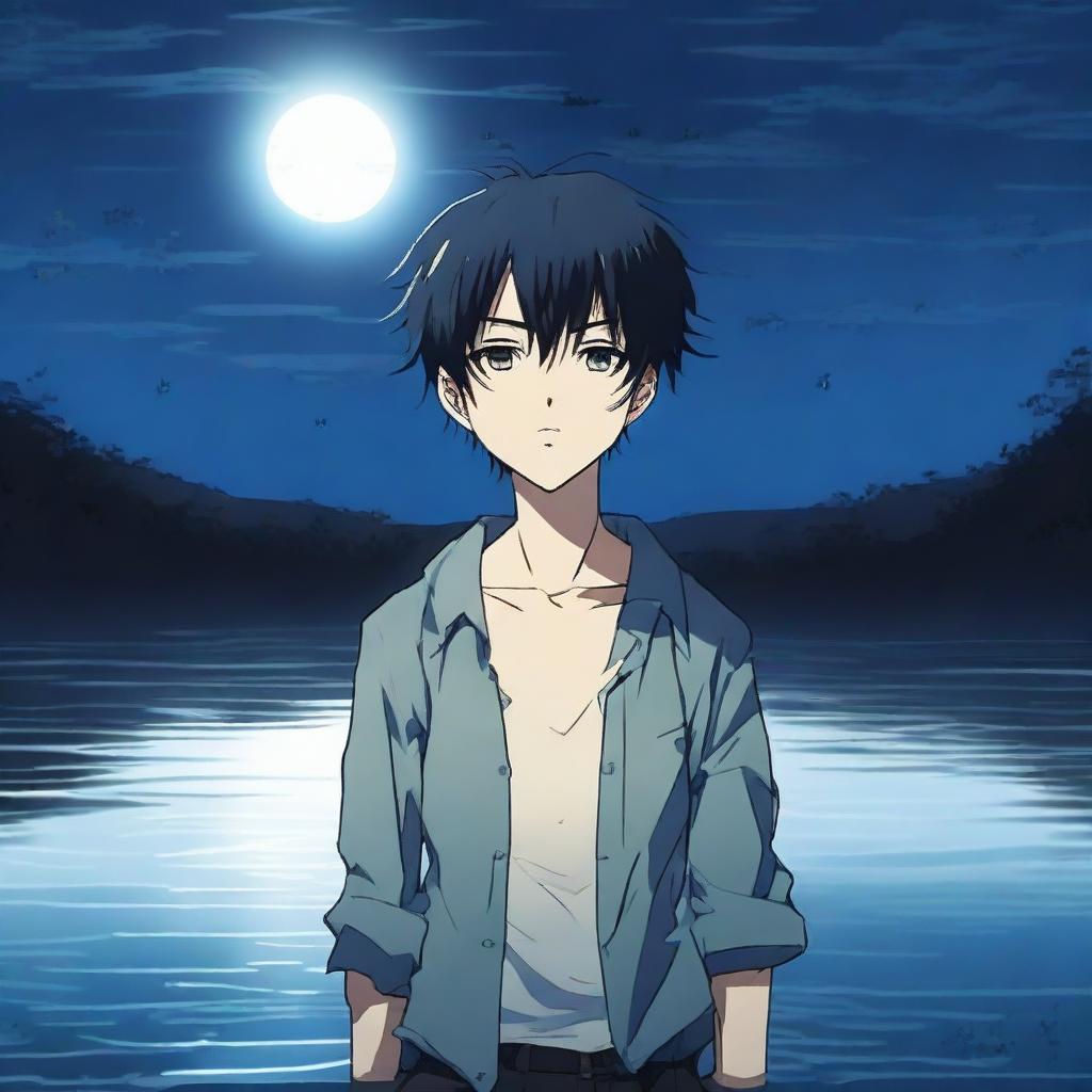 An 11-year-old anime boy with very dark blue hair, looking frustrated, standing in a lake in the middle of the night