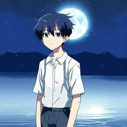 An 11-year-old anime boy with very dark blue hair, looking frustrated, standing in a lake in the middle of the night