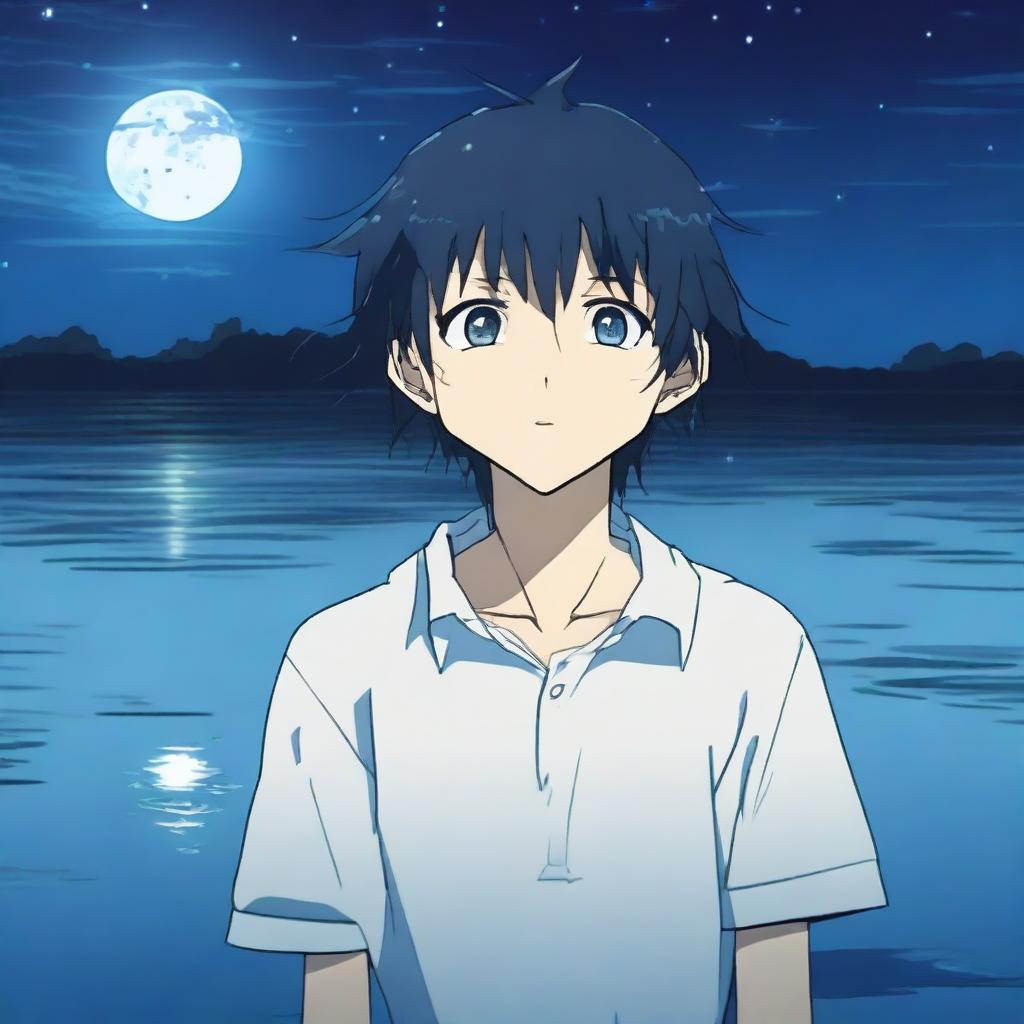 An 11-year-old anime boy with very dark blue hair, looking frustrated, standing in a lake in the middle of the night