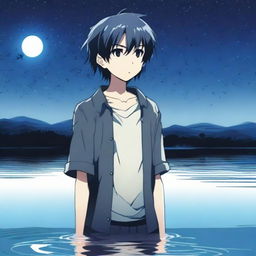 An 11-year-old anime boy with very dark blue hair, looking frustrated, standing in a lake in the middle of the night