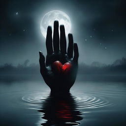 A monstrous hand emerging from a dark, eerie lake at midnight, clutching a human heart