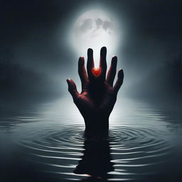 A monstrous hand emerging from a dark, eerie lake at midnight, clutching a human heart