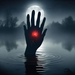 A monstrous hand emerging from a dark, eerie lake at midnight, clutching a human heart