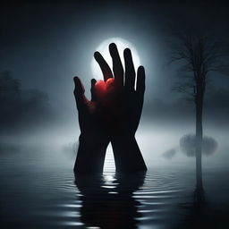 A monstrous hand emerging from a dark, eerie lake at midnight, clutching a human heart