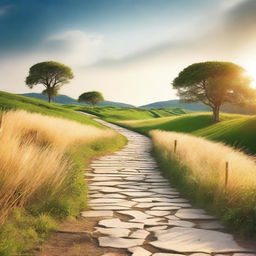 A serene landscape with a winding path leading to a beautiful, sunlit destination