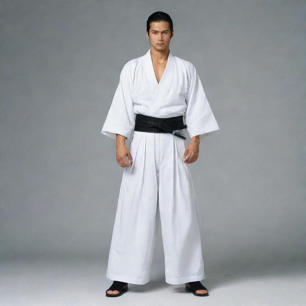 A samurai clothed in a white robe with a black streak in the middle and matching pants, standing with Zoro's triple-sword set and Gabimaru.