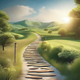 A serene landscape with a winding path leading to a beautiful, sunlit destination