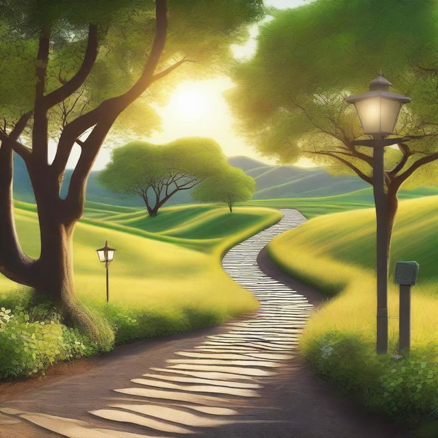 A serene landscape with a winding path leading to a beautiful, sunlit destination