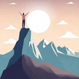 An inspirational scene featuring a person standing triumphantly at the peak of a mountain