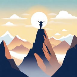 An inspirational scene featuring a person standing triumphantly at the peak of a mountain