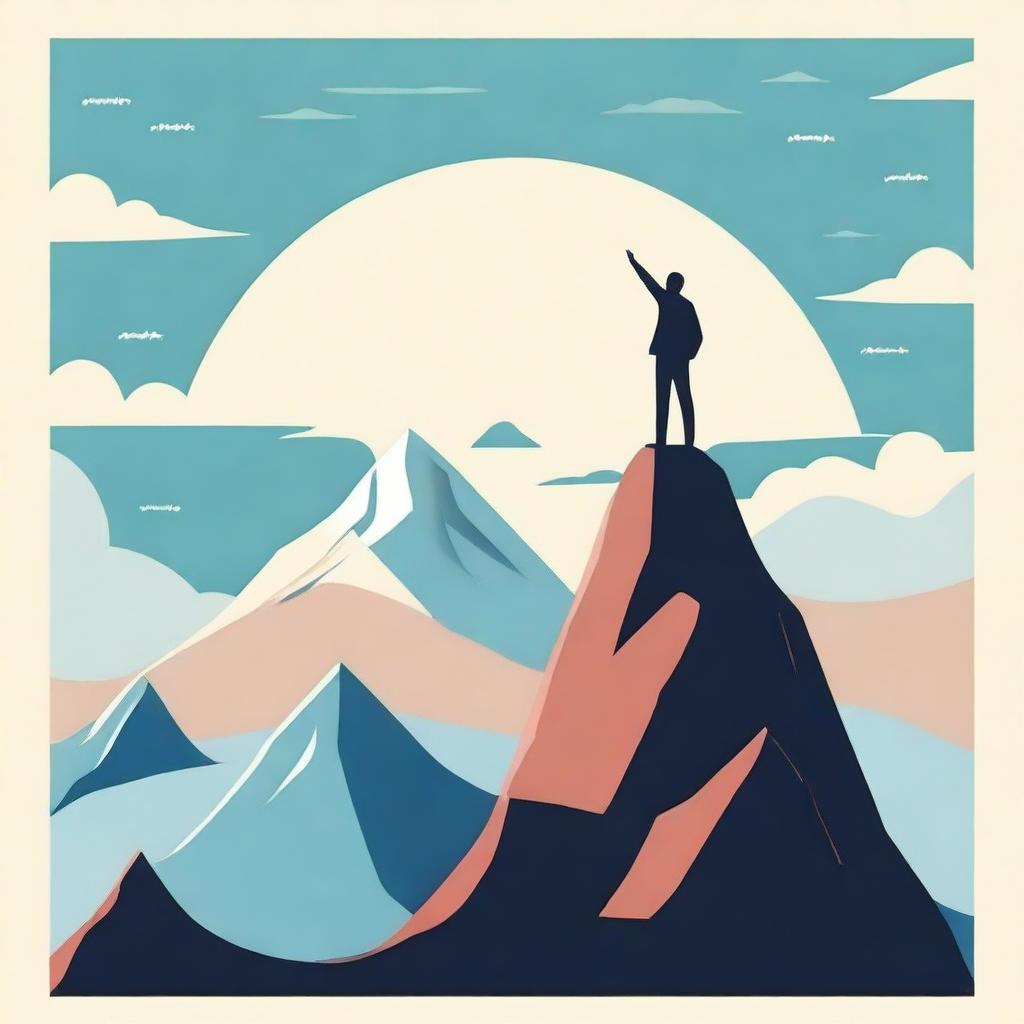 An inspirational scene featuring a person standing triumphantly at the peak of a mountain