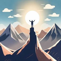 An inspirational scene featuring a person standing triumphantly at the peak of a mountain