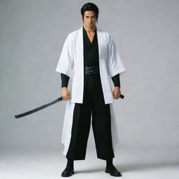 A samurai clothed in a white robe with a black streak in the middle and matching pants, standing with Zoro's triple-sword set and Gabimaru.