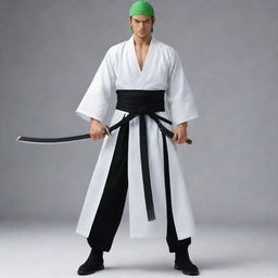 A samurai clothed in a white robe with a black streak in the middle and matching pants, standing with Zoro's triple-sword set and Gabimaru.