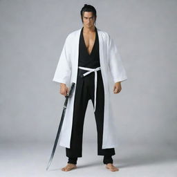 A samurai clothed in a white robe with a black streak in the middle and matching pants, standing with Zoro's triple-sword set and Gabimaru.