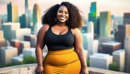 A beautiful Black woman with a curvy figure, wearing form-fitting clothing