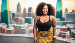 A beautiful Black woman with a curvy figure, wearing form-fitting clothing