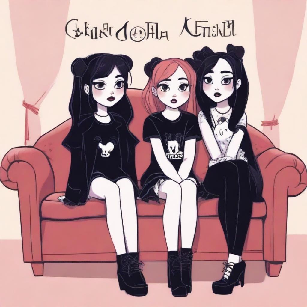 A Disney-themed image featuring a goth cute girl sitting on a couch, with two cute girls standing behind her