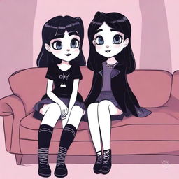 A Disney-themed image featuring a goth cute girl sitting on a couch, with two cute girls standing behind her