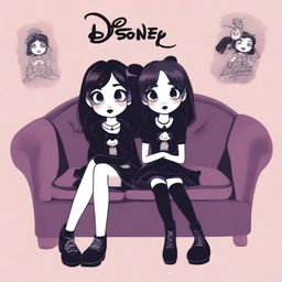 A Disney-themed image featuring a goth cute girl sitting on a couch, with two cute girls standing behind her