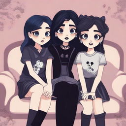 A Disney-themed image featuring a goth cute girl sitting on a couch, with two cute girls standing behind her