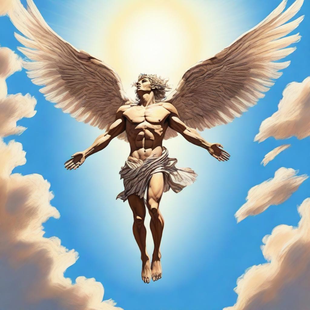 A detailed illustration of Icarus soaring high in the sky with his wings made of feathers and wax, flying close to the sun