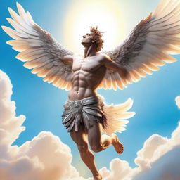 A detailed illustration of Icarus soaring high in the sky with his wings made of feathers and wax, flying close to the sun