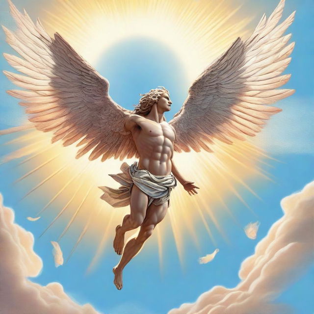 A detailed illustration of Icarus soaring high in the sky with his wings made of feathers and wax, flying close to the sun