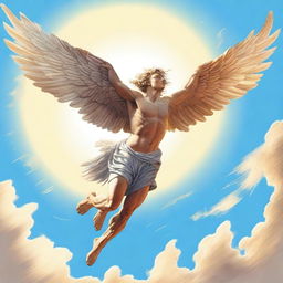 A detailed illustration of Icarus soaring high in the sky with his wings made of feathers and wax, flying close to the sun