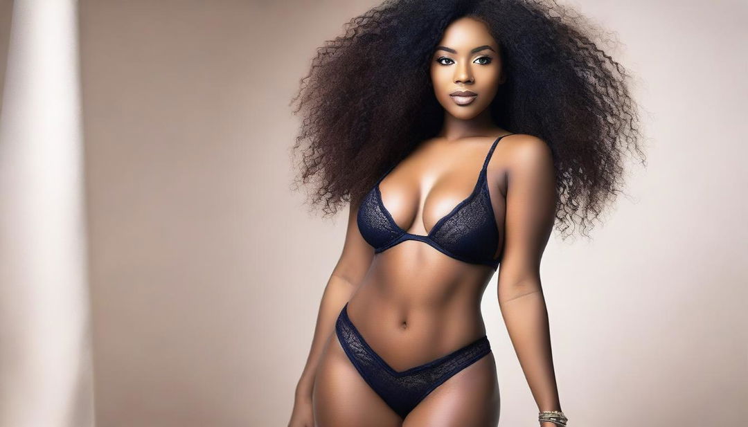 A beautiful black woman with an amazing body, wearing a stylish bikini or lingerie