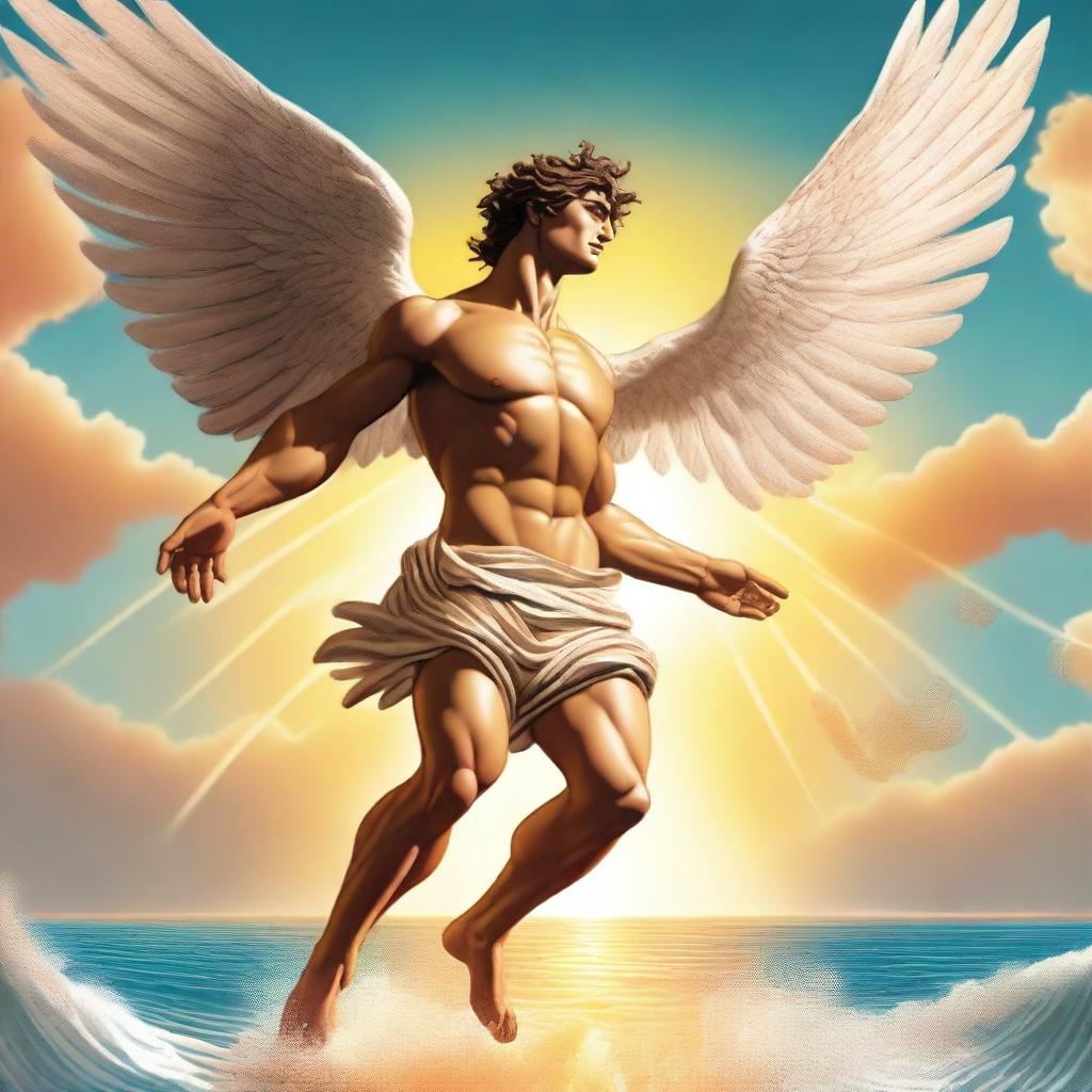 A dramatic illustration of Icarus falling from the sky, his wings disintegrating as the wax melts from the heat of the sun