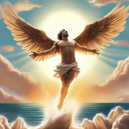 A dramatic illustration of Icarus falling from the sky, his wings disintegrating as the wax melts from the heat of the sun