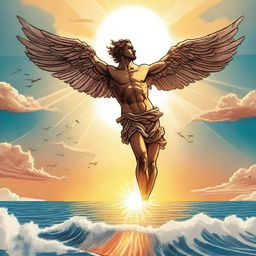 A dramatic illustration of Icarus falling from the sky, his wings disintegrating as the wax melts from the heat of the sun