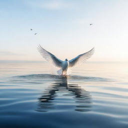 A serene scene of wings floating on the surface of a calm ocean, with gentle waves and a clear sky